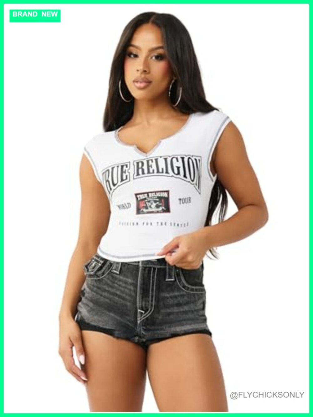 True Religion Cropped Ribbed Knit V Notch Tee Cap Sleeve Baby Tee